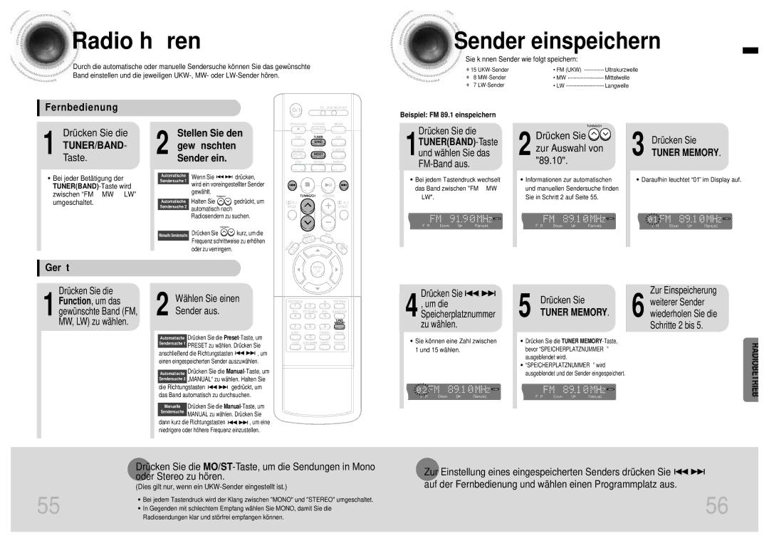 Samsung HTEV100RH/ELS manual Sender einspeichern, Radiobetrieb, Fernbedienung, Gerä t 