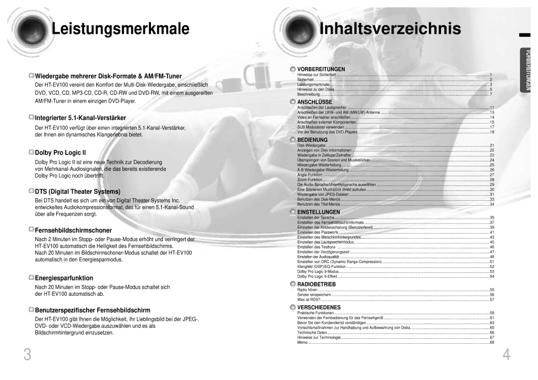 Samsung HTEV100RH/ELS manual Leistungsmerkmale 