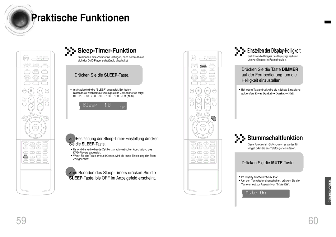 Samsung HTEV100RH/ELS Praktische Funktionen, Sleep-Timer-Funktion, Drücken Sie die SLEEP-Taste, Drücken Sie die MUTE-Taste 