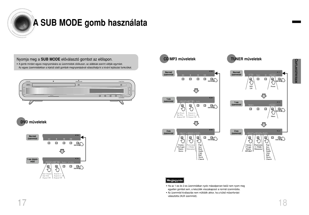 Samsung HTEV100RH/ELS manual Nyomja meg a SUB Mode elôválasztó gombot az elôlapon, DVD mûveletek CD/MP3 mûveletek 