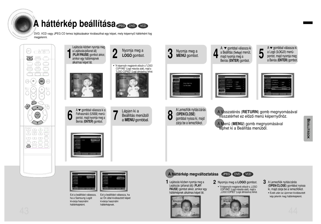 Samsung HTEV100RH/ELS Háttérkép beállítása Jpeg DVD VCD, Lemezfiók nyitás/zárás, Háttérkép megváltoztatása Jpeg DVD VCD 