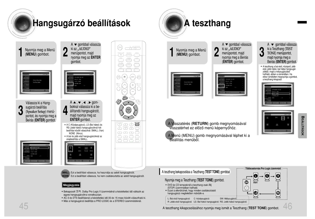 Samsung HTEV100RH/ELS manual Hangsugárzó beállítások Teszthang, Válassza ki a Hang Gombbal válassza, Sugárzó beállítás 