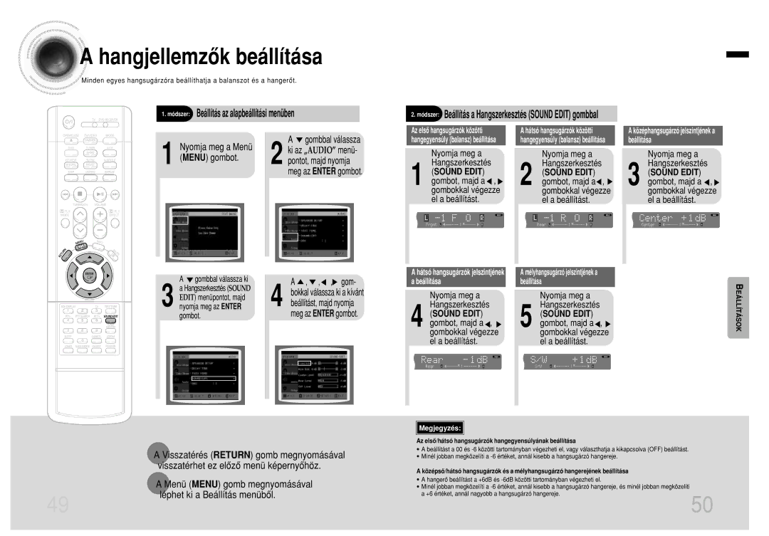 Samsung HTEV100RH/ELS Hangjellemzôk beállítása, Menu gombot Ki az „AUDIO menü Pontot, majd nyomja, Beállítást, majd nyomja 