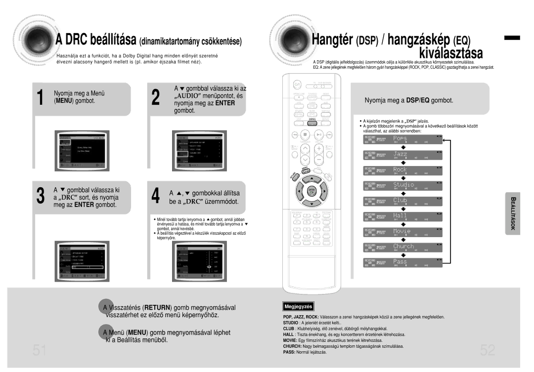 Samsung HTEV100RH/ELS manual Menu gombot Nyomja meg az Enter Gombot, Nyomja meg a DSP/EQ gombot, Gombbal válassza ki az 