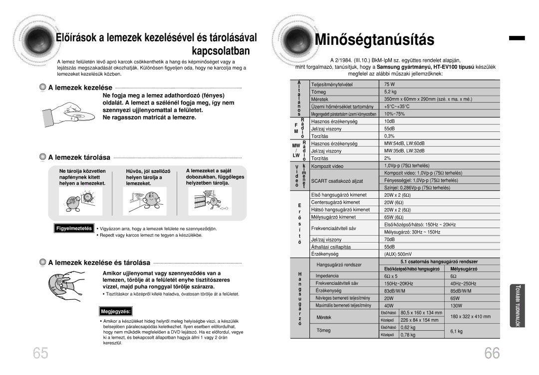 Samsung HTEV100RH/ELS manual Minôségtanúsítás, Lemezek tárolása, Lemezek kezelése és tárolása 