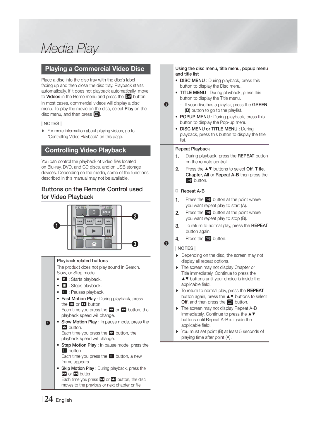 Samsung HTF4500, HTF5500, 51CH Playing a Commercial Video Disc, Controlling Video Playback, Each time you press the 3 or 