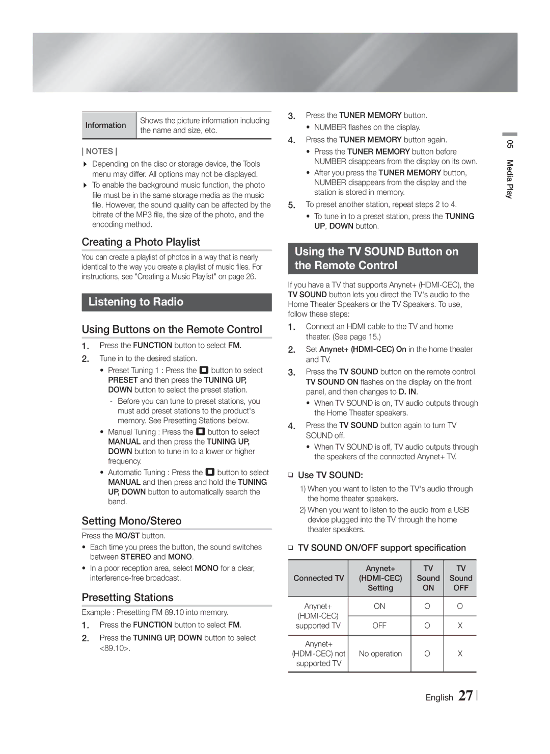 Samsung 51CH, HTF4500, HTF5500, HT-F4530 user manual Listening to Radio, Using the TV Sound Button on Remote Control 