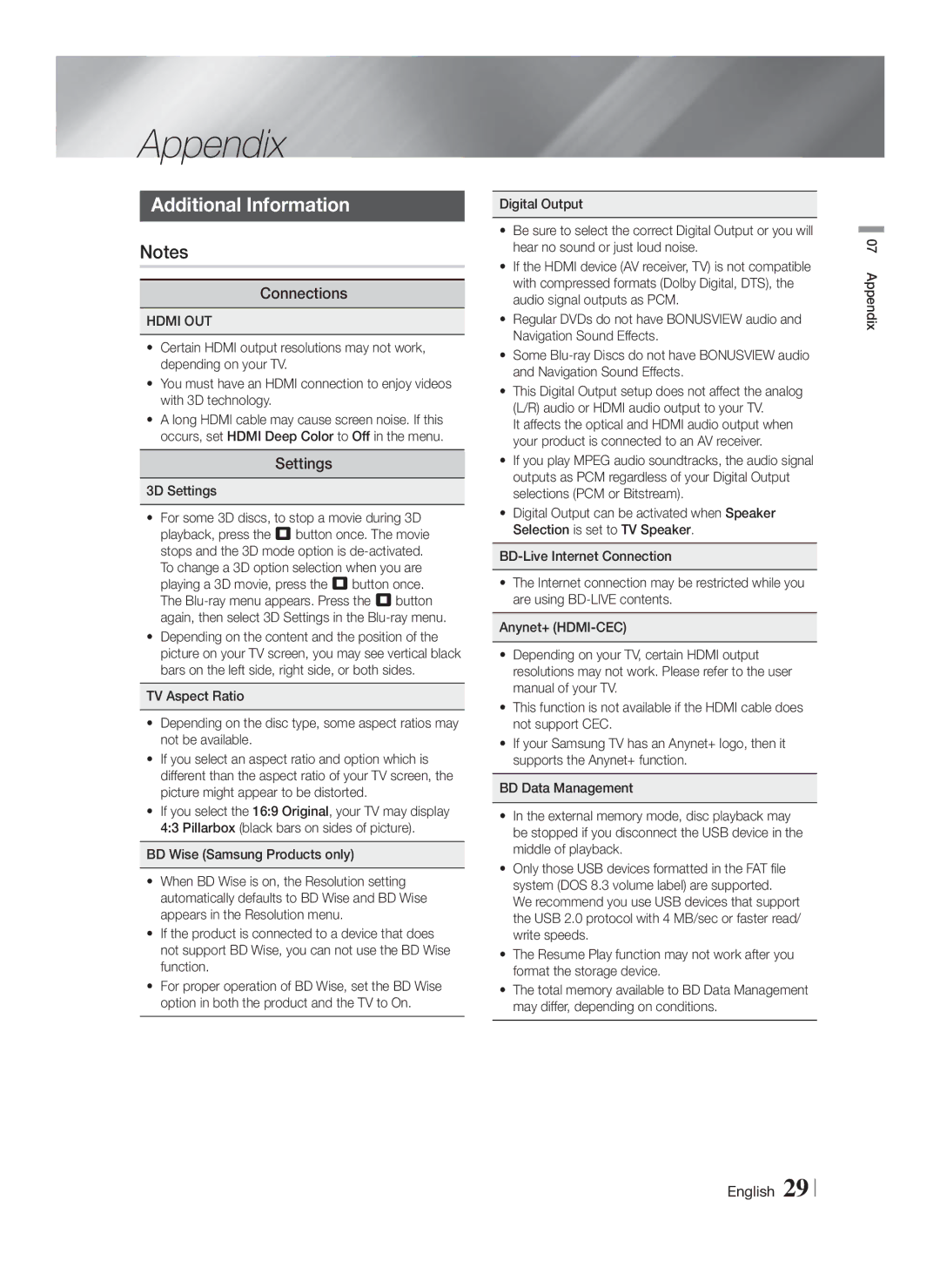 Samsung HTF5500, HTF4500, HT-F4530, 51CH user manual Appendix, Additional Information, Connections, Settings, Hdmi OUT 