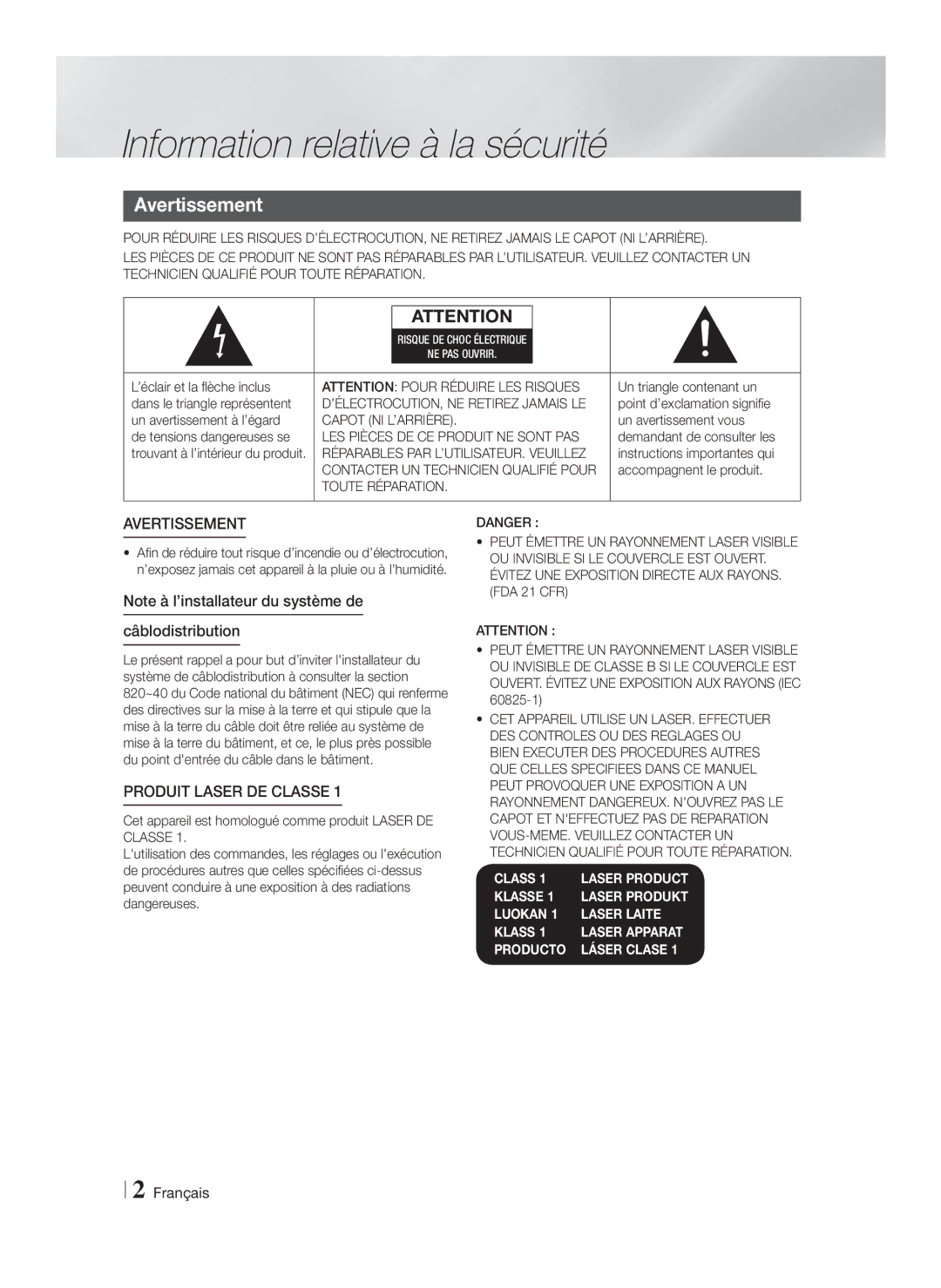 Samsung HTF4500 Information relative à la sécurité, Avertissement, Câblodistribution, Capot NI L’ARRIÈRE, Toute Réparation 