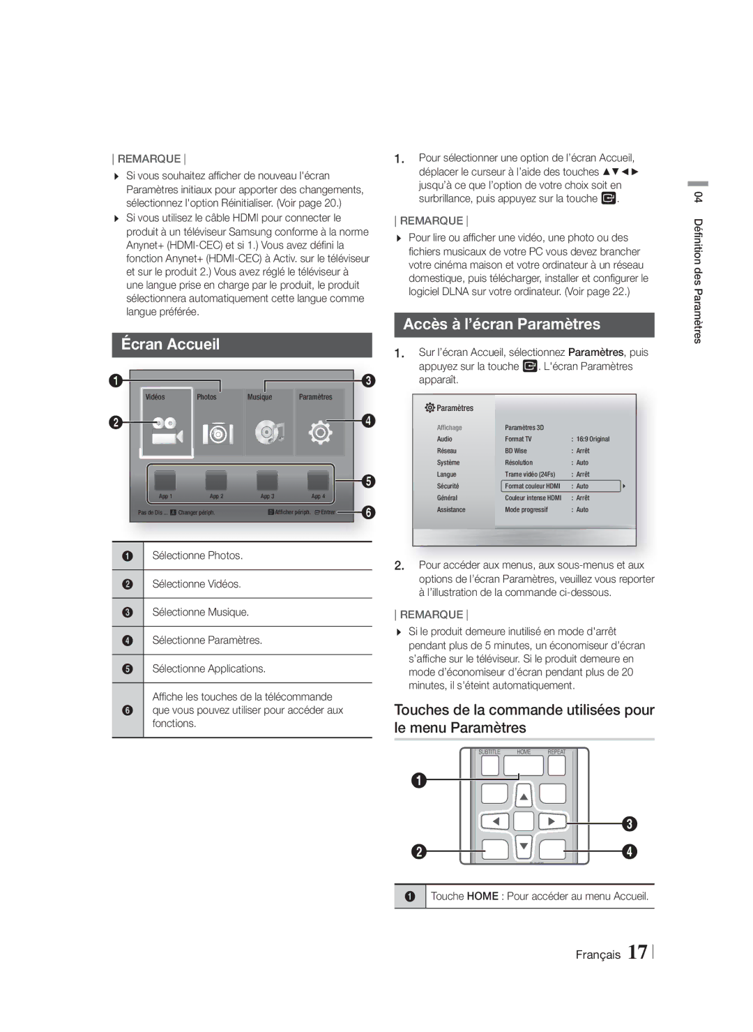 Samsung 51CH, HTF4500 Écran Accueil, Accès à l’écran Paramètres, Touches de la commande utilisées pour le menu Paramètres 