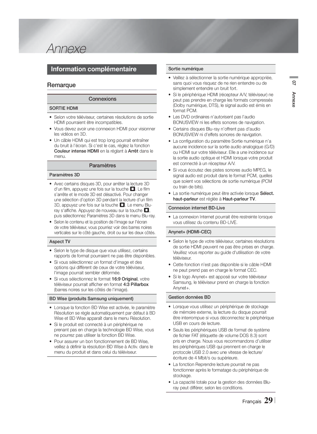 Samsung 51CH, HTF4500, HTF5500, HT-F4530 user manual Annexe, Information complémentaire, Remarque, Connexions, Paramètres 