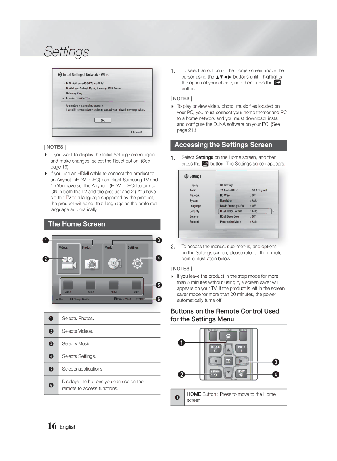 Samsung HTF4500ZA Home Screen, Accessing the Settings Screen, Buttons on the Remote Control Used for the Settings Menu 