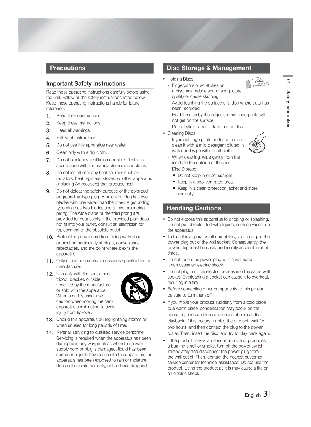 Samsung HTF4500ZA user manual Precautions, Important Safety Instructions, Disc Storage & Management, Handling Cautions 