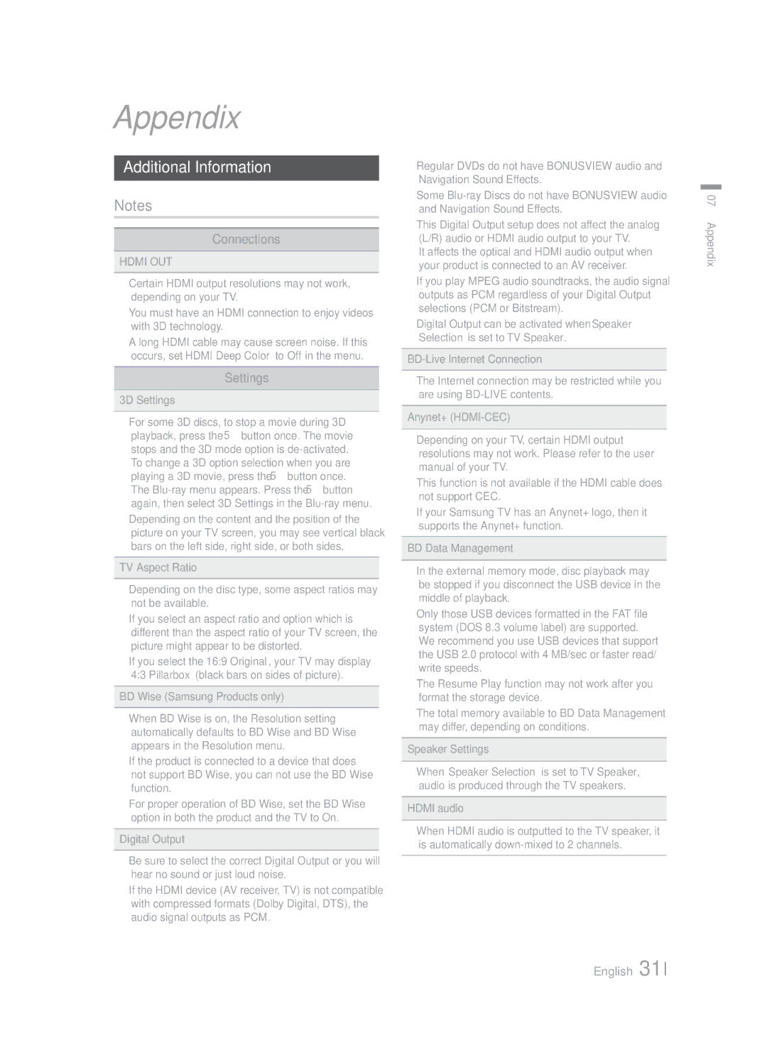 Samsung HTF4500ZA user manual Appendix, Additional Information, Connections, Settings 