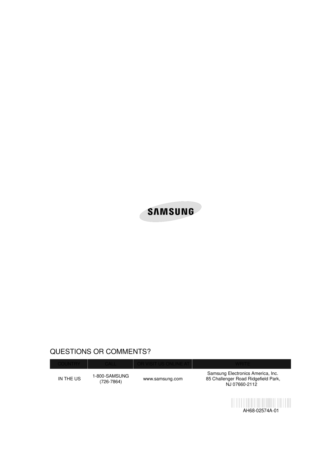 Samsung HTF4500ZA user manual Country Call Or Visit US Online AT Write, AH68-02574A-01 