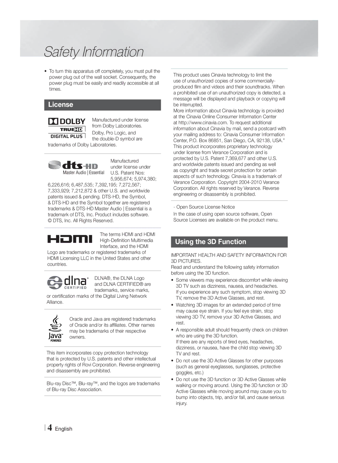 Samsung HTF4500ZA user manual Using the 3D Function, DTS, Inc. All Rights Reserved, Open Source License Notice 