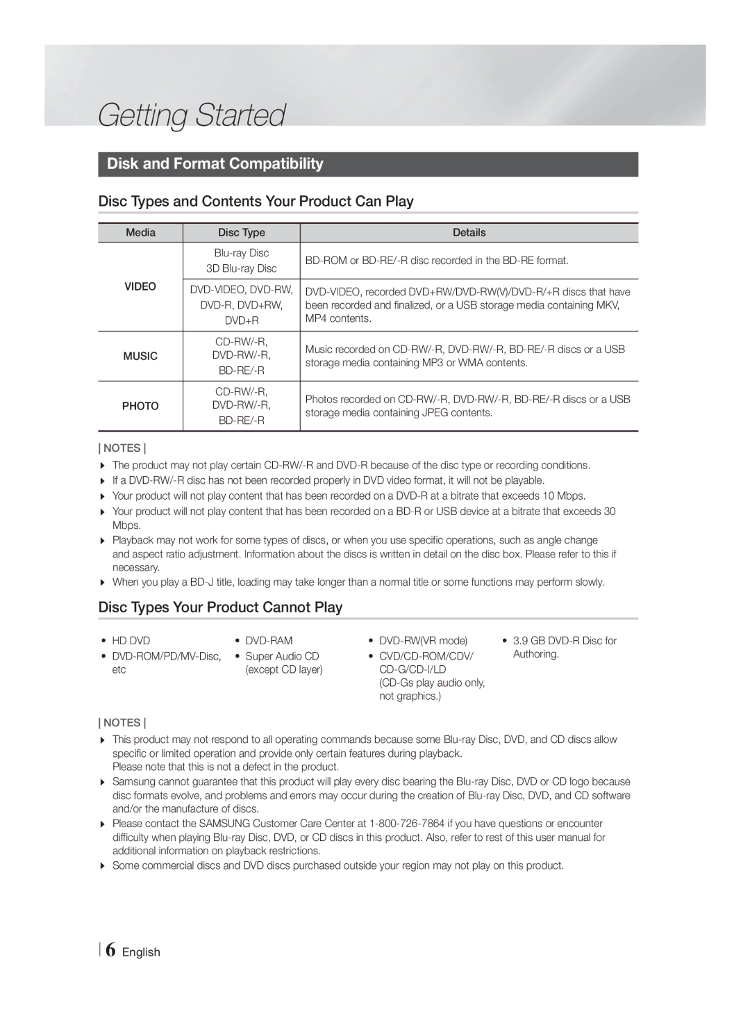 Samsung HTF4500ZA user manual Getting Started, Disk and Format Compatibility, Disc Types and Contents Your Product Can Play 