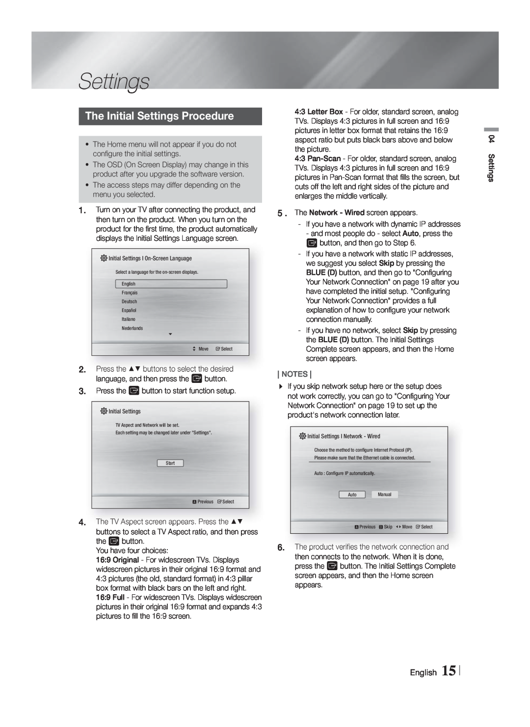 Samsung HTF4500ZA user manual The Initial Settings Procedure, English 