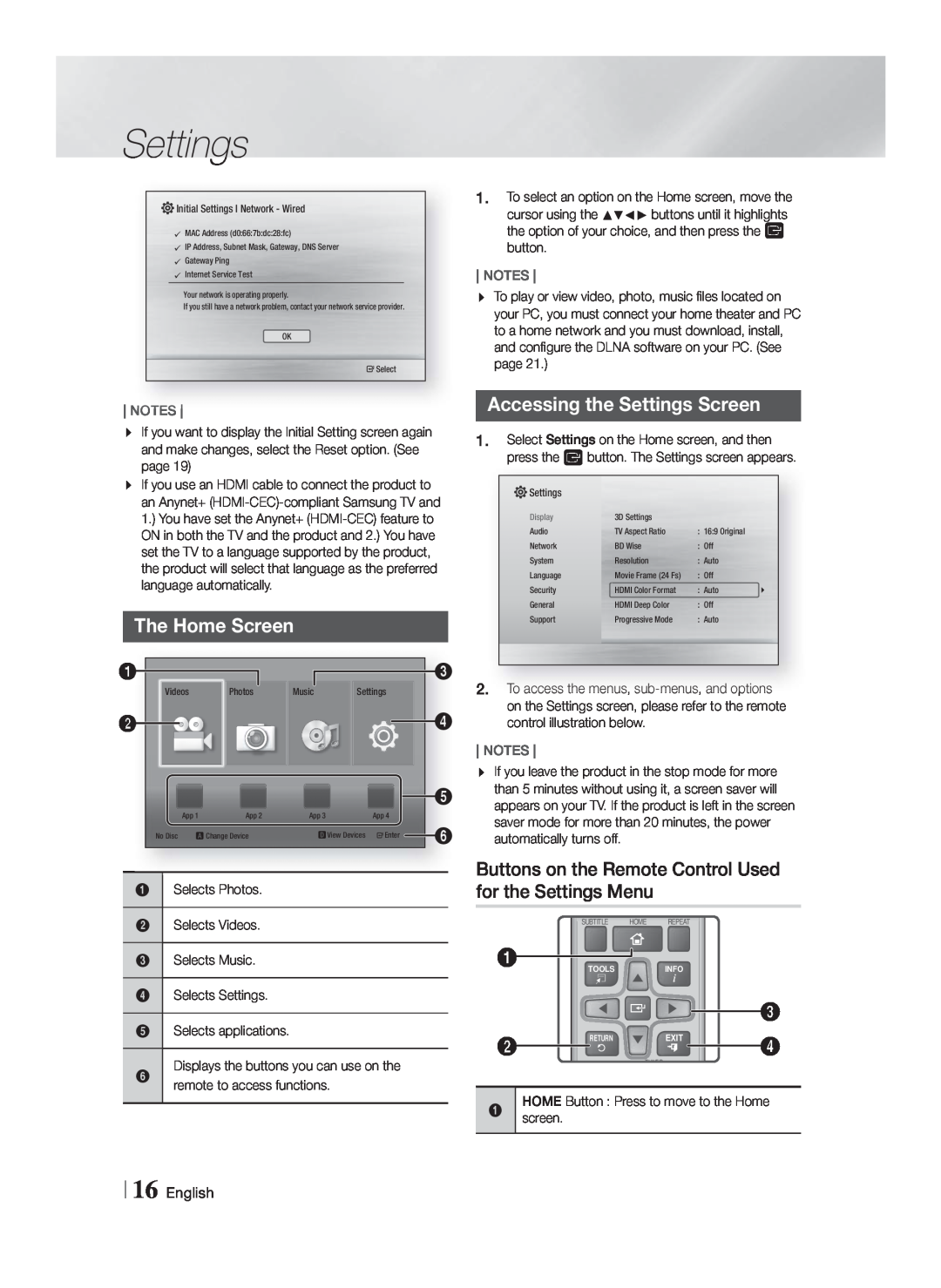 Samsung HTF4500ZA user manual The Home Screen, Accessing the Settings Screen, English, Notes 