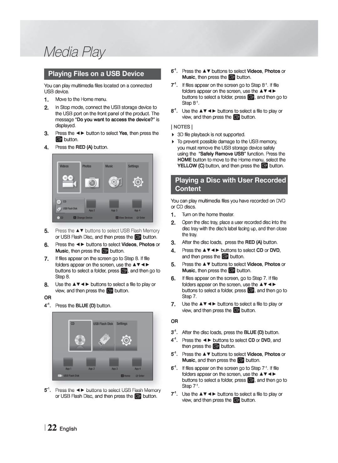 Samsung HTF4500ZA user manual Media Play, Playing Files on a USB Device, Playing a Disc with User Recorded Content, English 