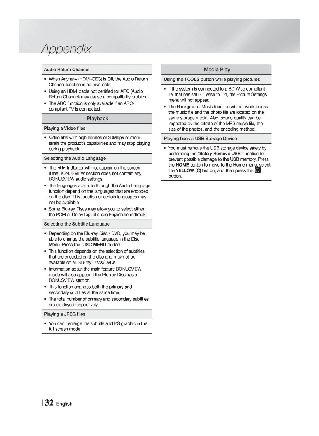 Samsung HTF4500ZA user manual Appendix, Playback, Media Play, English 
