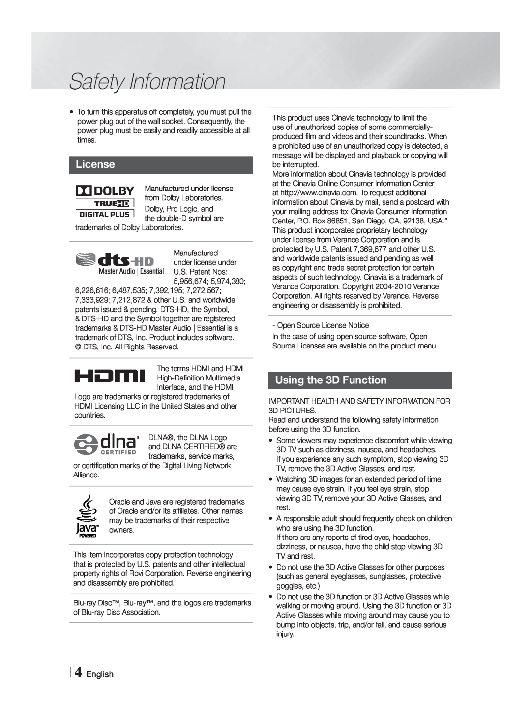 Samsung HTF4500ZA user manual License, Using the 3D Function, Safety Information, English 