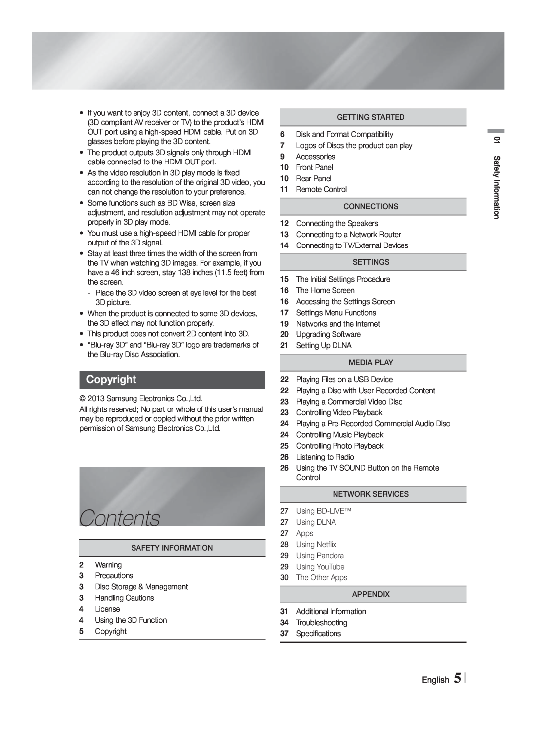 Samsung HTF4500ZA user manual Contents, Copyright, English 