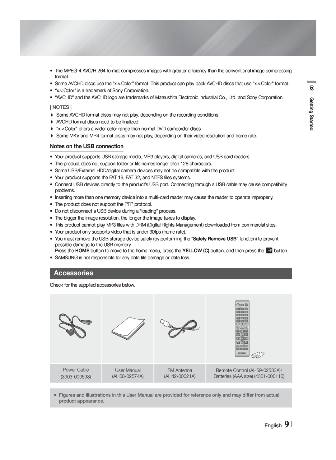 Samsung HTF4500ZA user manual Accessories, Notes on the USB connection, English 9 