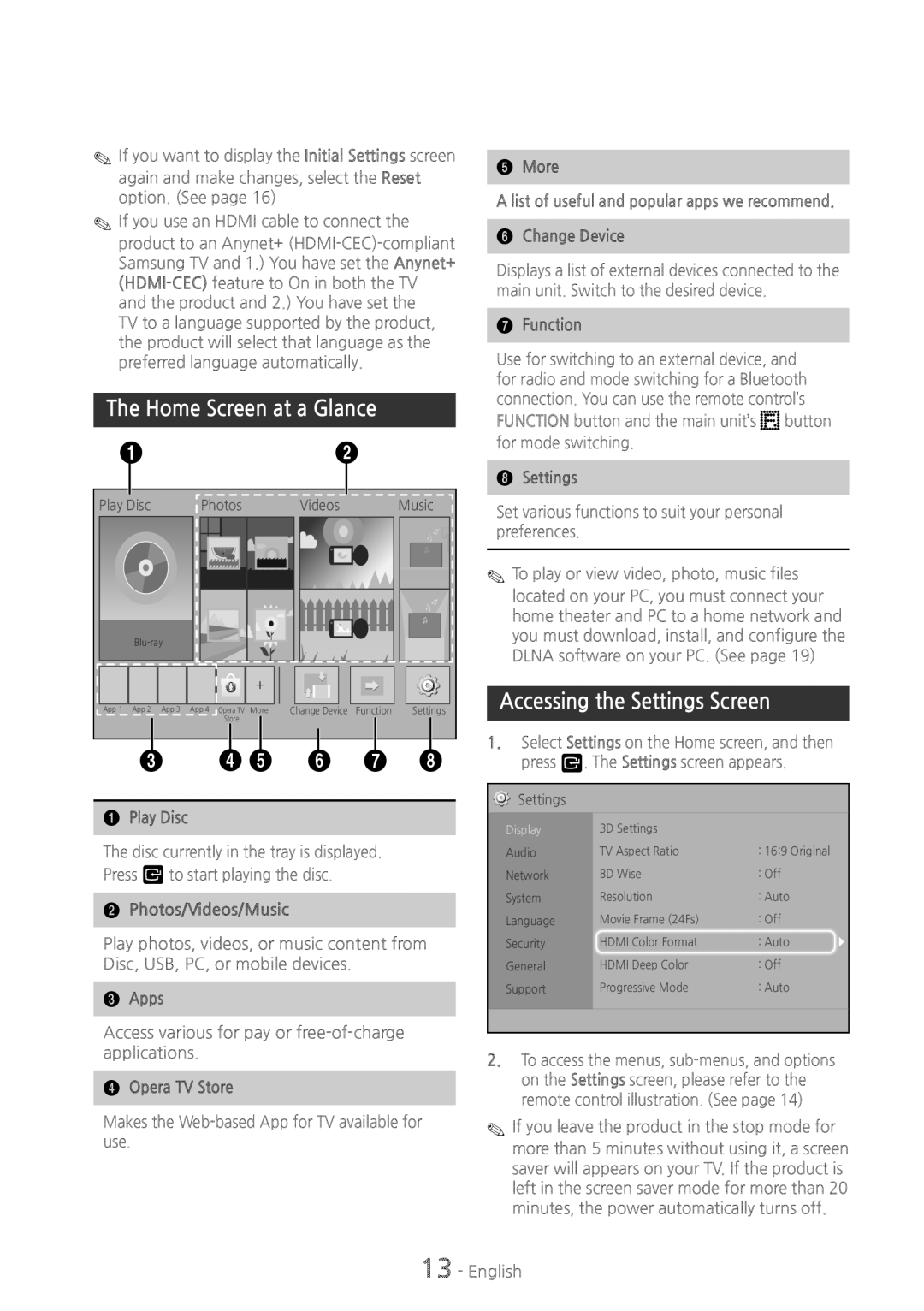 Samsung HTH4500 user manual Home Screen at a Glance, Accessing the Settings Screen 