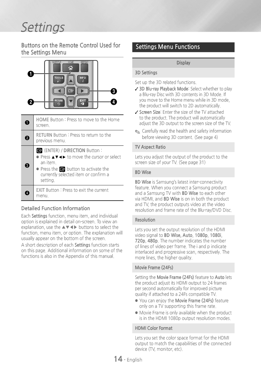 Samsung HTH4500 user manual Buttons on the Remote Control Used for the Settings Menu, Settings Menu Functions 