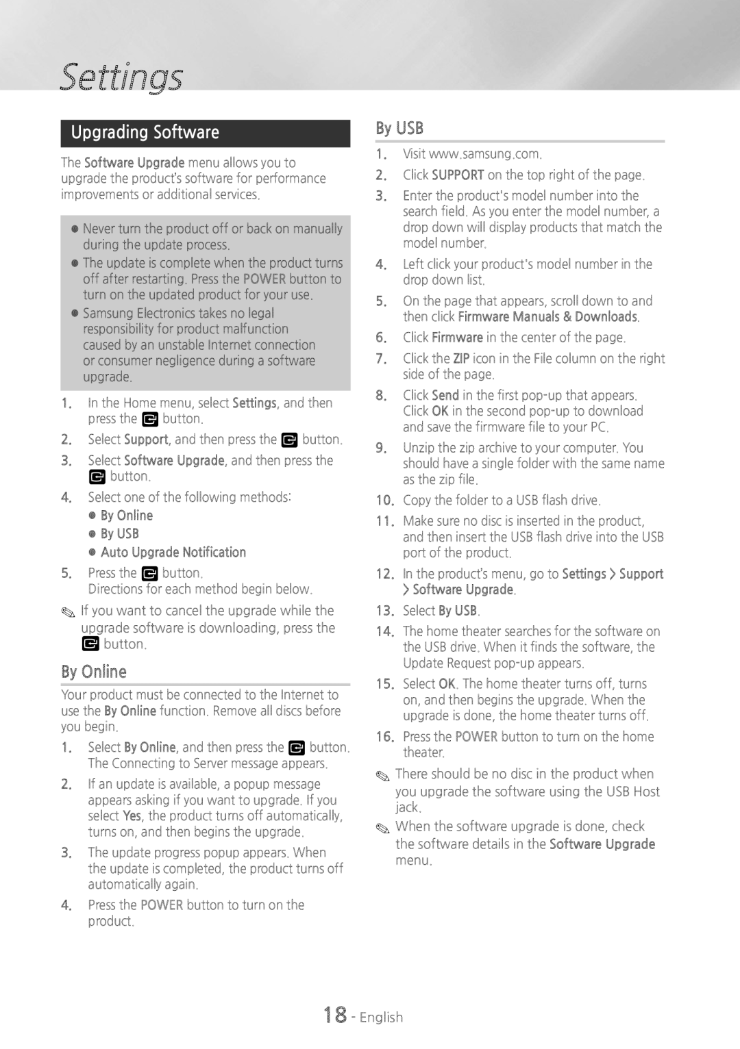 Samsung HTH4500 user manual Upgrading Software, By Online, By USB Auto Upgrade Notification 