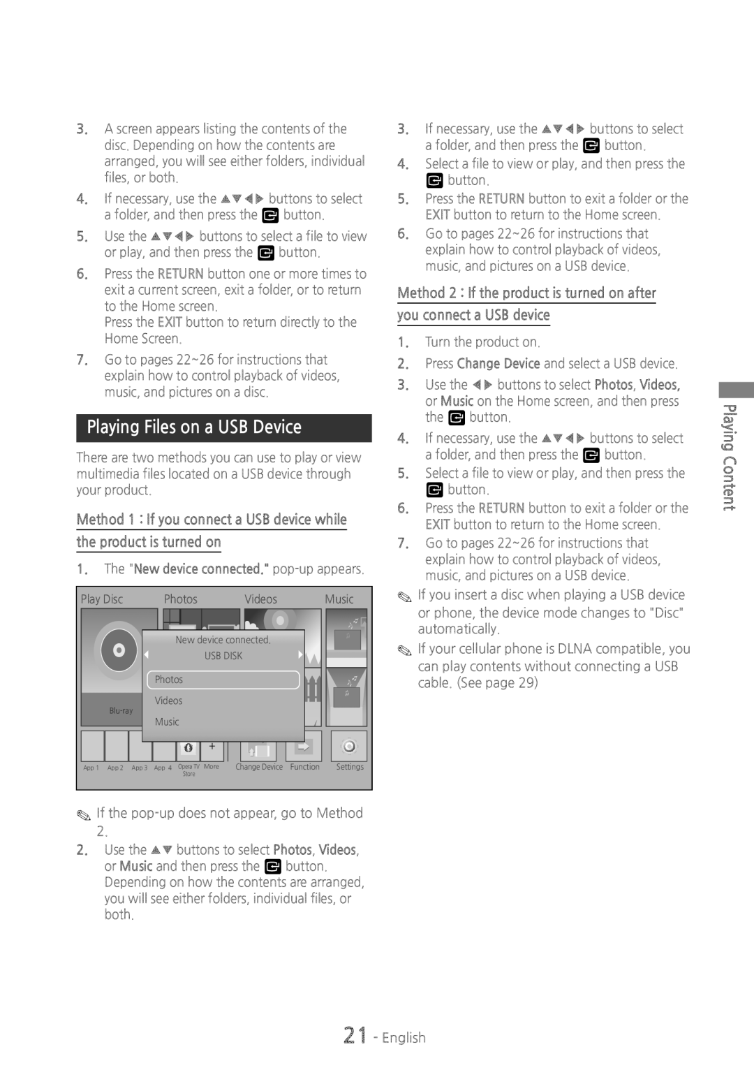 Samsung HTH4500 user manual Playing Files on a USB Device, Product is turned on, Method 1 If you connect a USB device while 