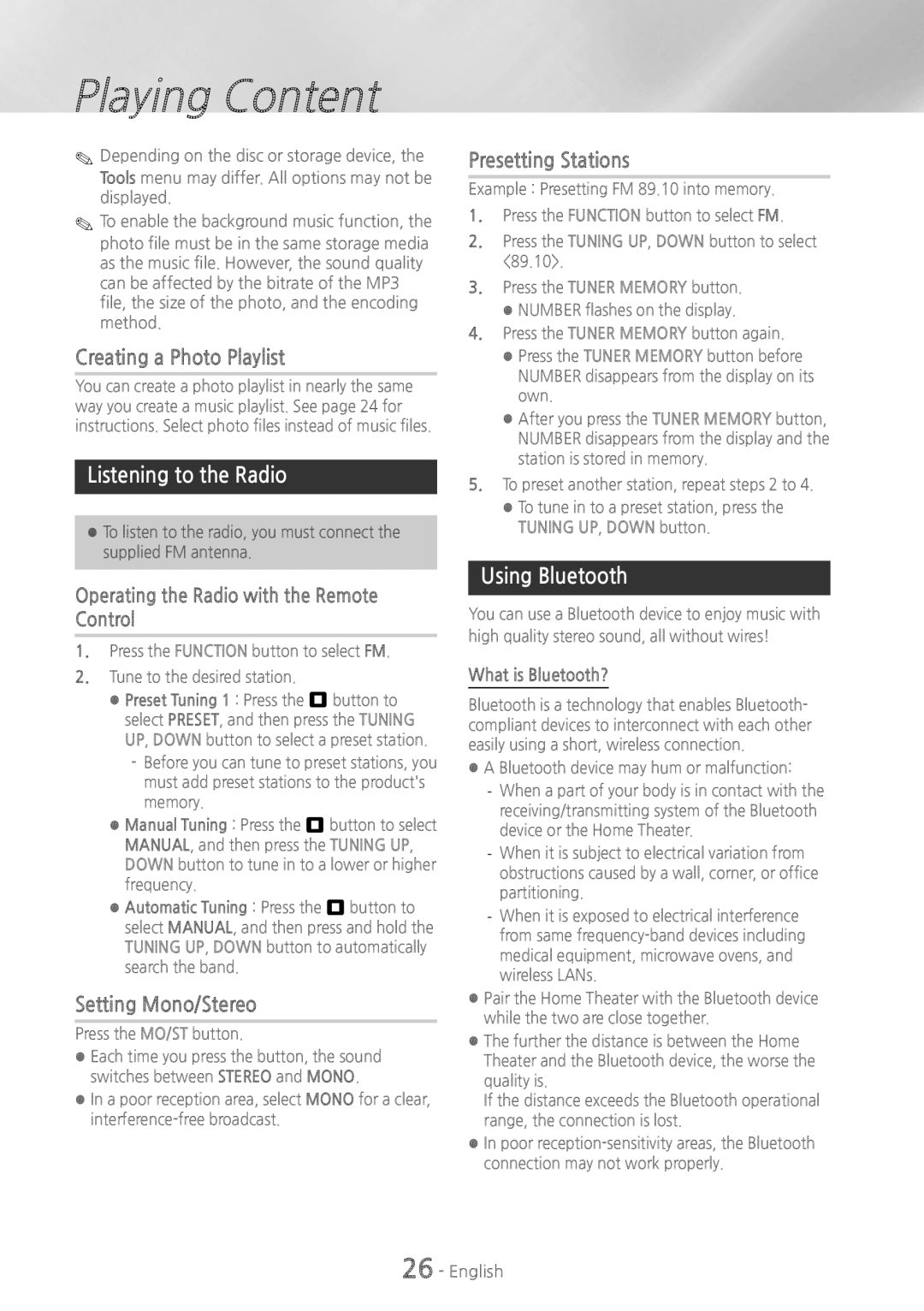 Samsung HTH4500 user manual Creating a Photo Playlist, Listening to the Radio, Setting Mono/Stereo, Presetting Stations 