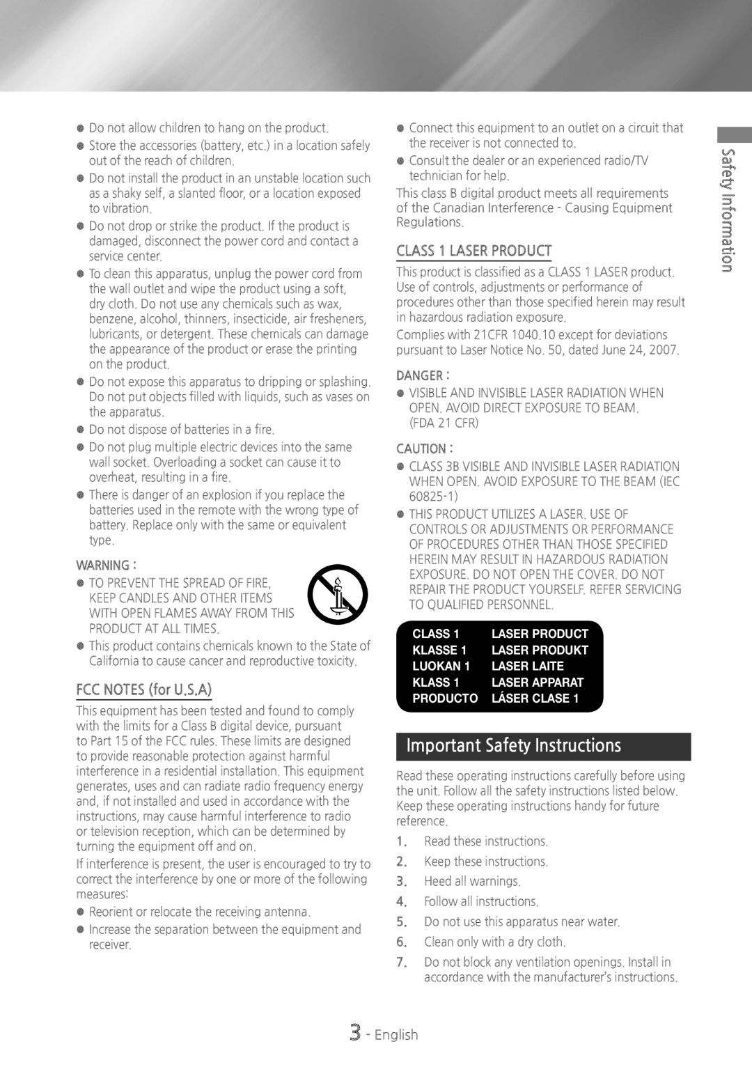 Samsung HTH4500 user manual Important Safety Instructions, FCC Notes for U.S.A, Class 1 Laser product, Safety Information 