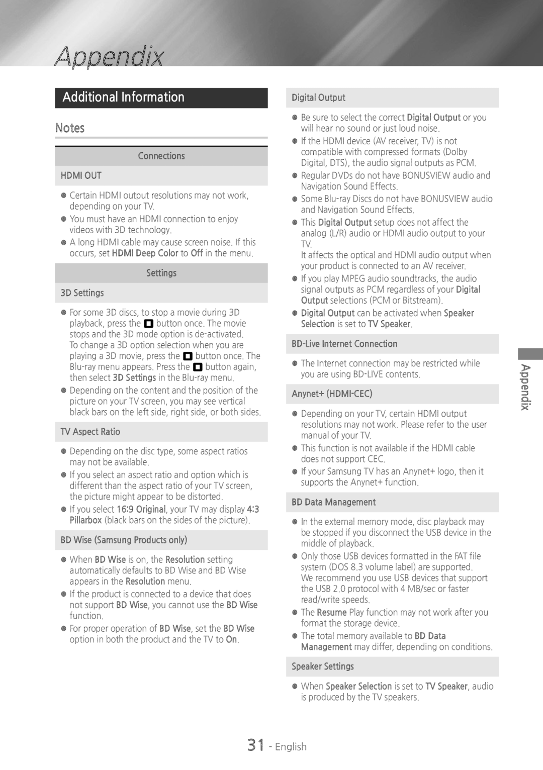 Samsung HTH4500 user manual Appendix, Additional Information 