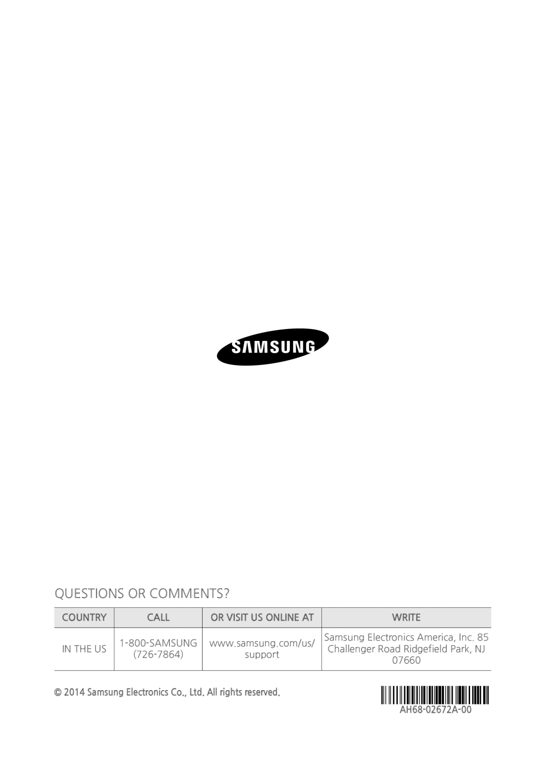 Samsung HTH4500 Support, 07660 AH68-02672A-00, Samsung Electronics America, Inc, Challenger Road Ridgefield Park, NJ 