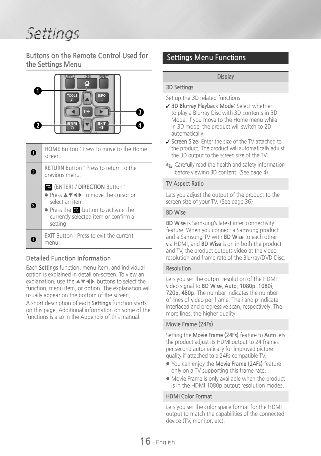 Samsung HTH5500 user manual Buttons on the Remote Control Used for the Settings Menu, Settings Menu Functions 