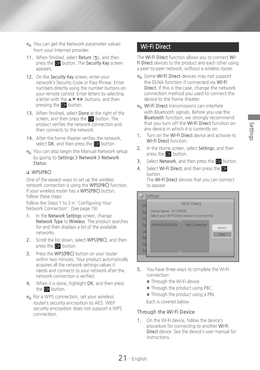 Samsung HTH5500 user manual Wi-Fi Direct, Through the Wi-Fi Device Settings, You can also begin the Manual Network setup 