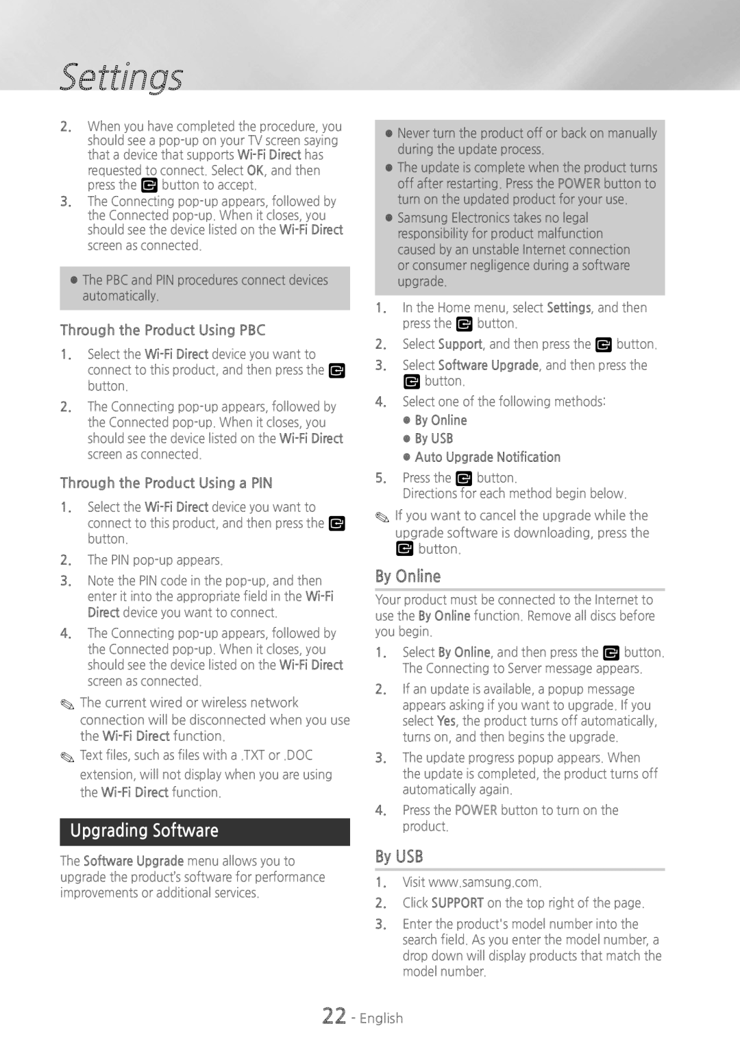 Samsung HTH5500 Upgrading Software, By Online, By USB, Through the Product Using PBC, Through the Product Using a PIN 