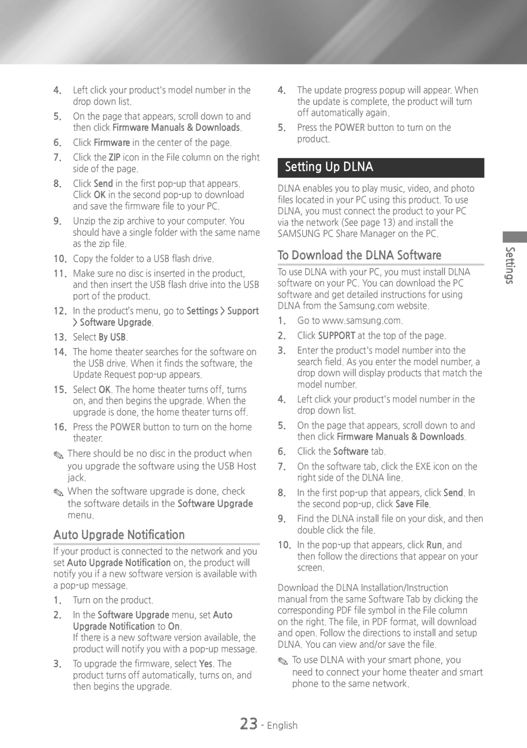 Samsung HTH5500 user manual Auto Upgrade Notification, Setting Up Dlna, To Download the Dlna Software 