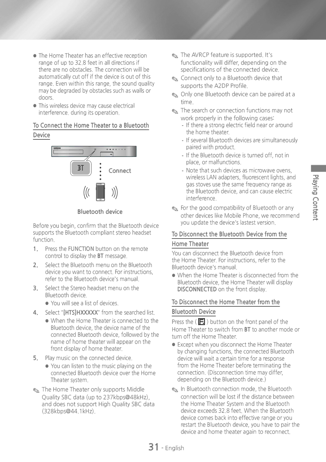 Samsung HTH5500 user manual To Disconnect the Home Theater from Bluetooth Device 