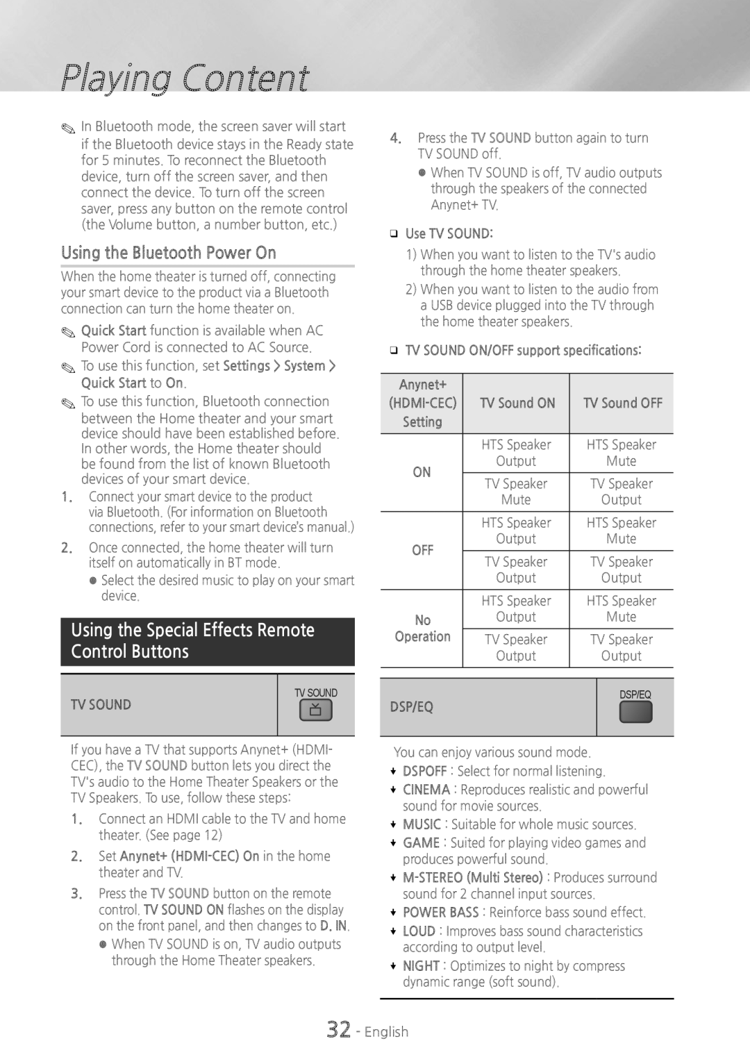 Samsung HTH5500 user manual Using the Bluetooth Power On, Using the Special Effects Remote Control Buttons 