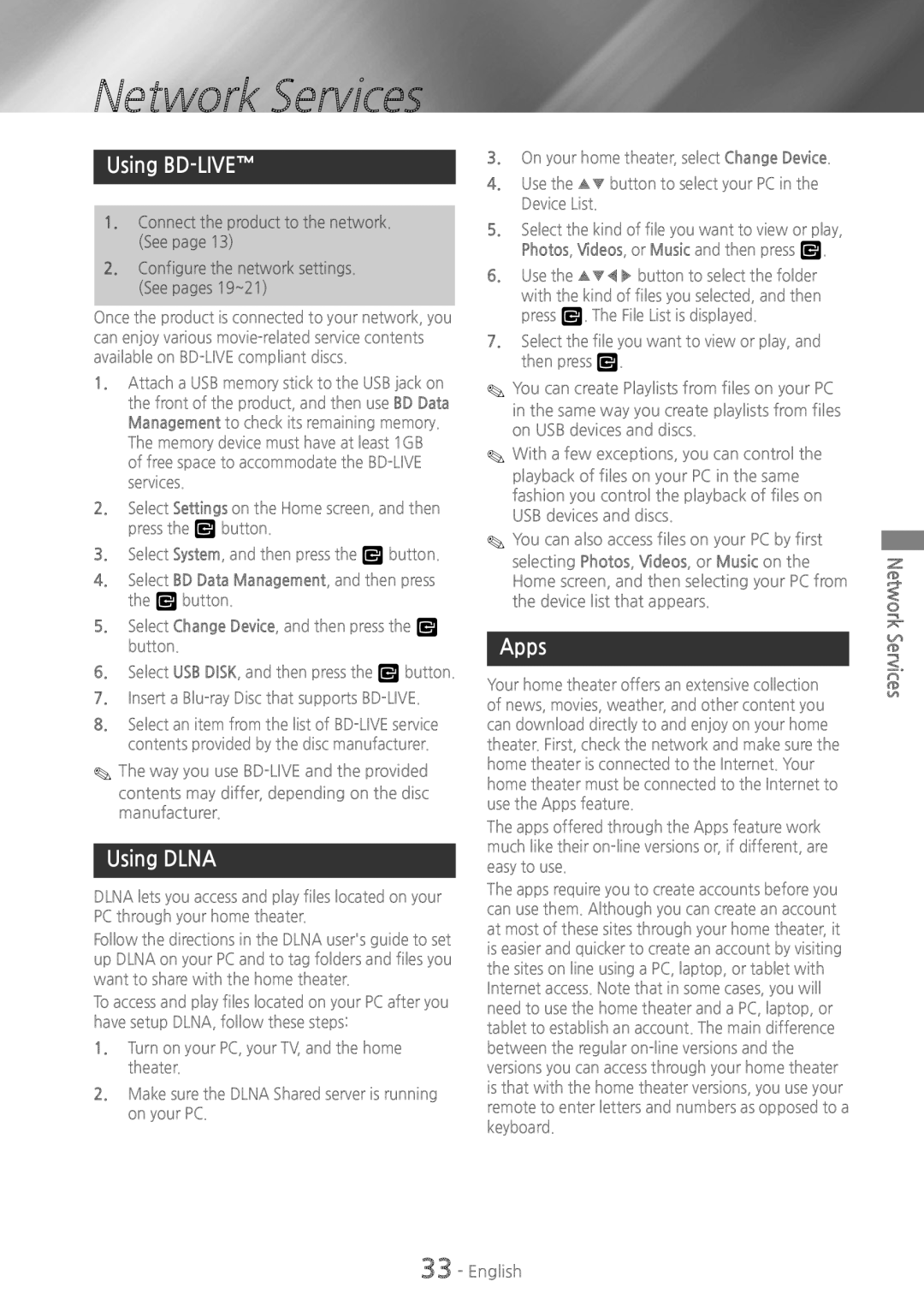 Samsung HTH5500 user manual Network Services, Using BD-LIVE, Using Dlna, Apps 