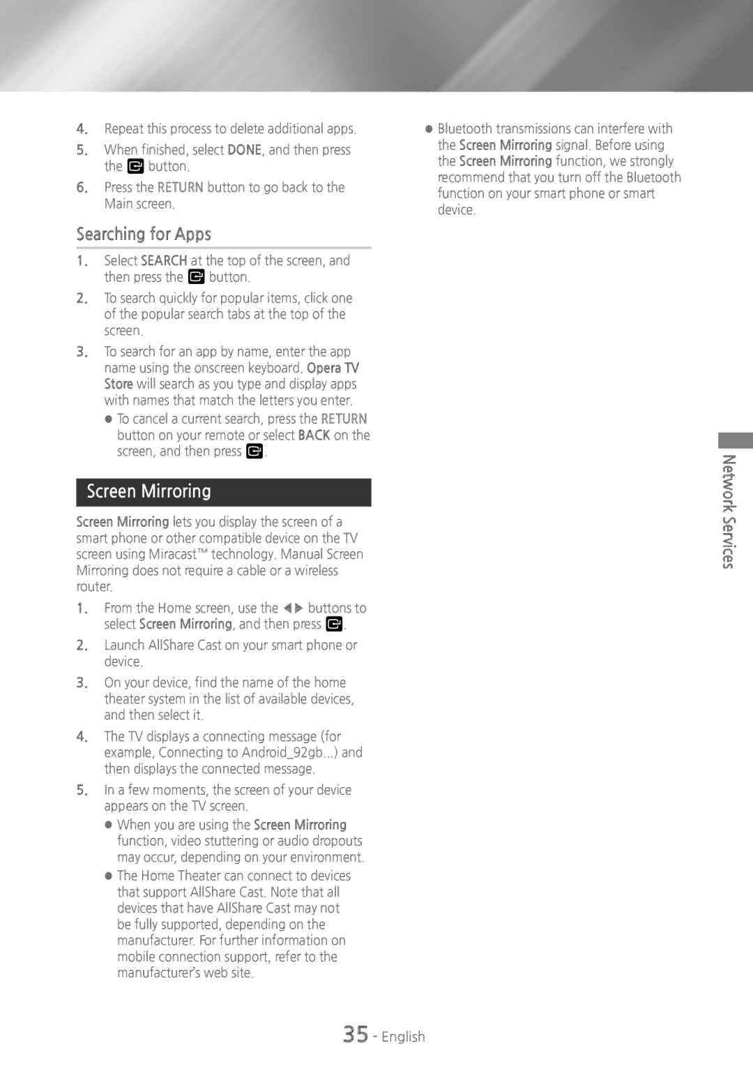 Samsung HTH5500 user manual Searching for Apps, Screen Mirroring 