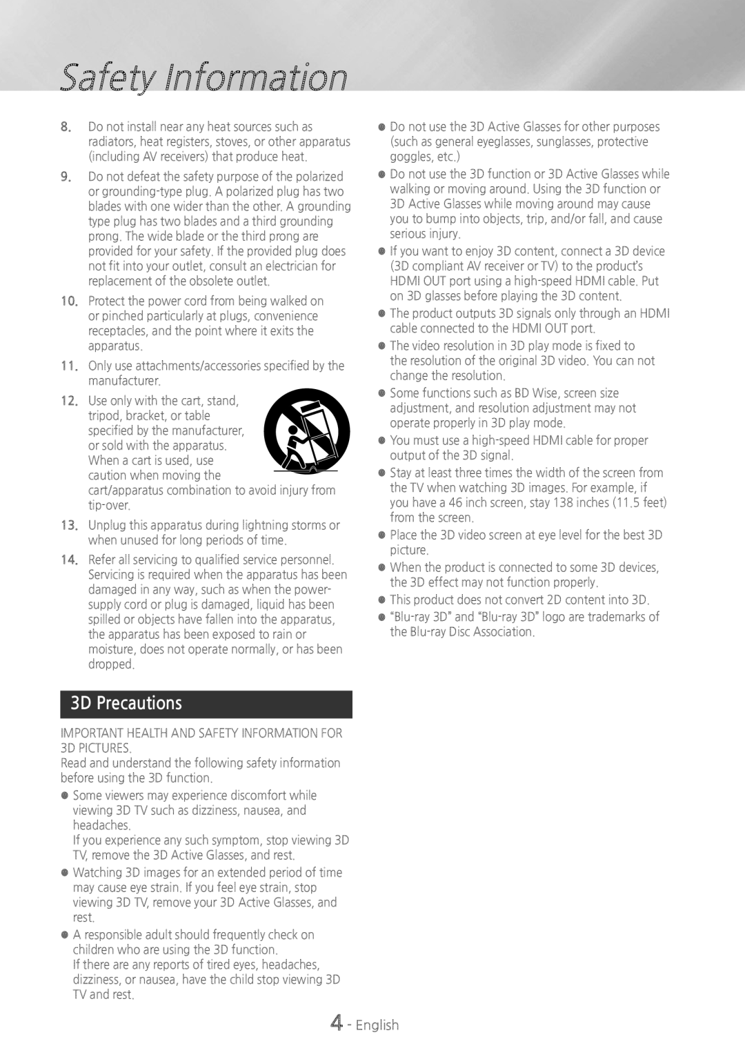 Samsung HTH5500 user manual 3D Precautions, Important Health and Safety Information for 3D Pictures 