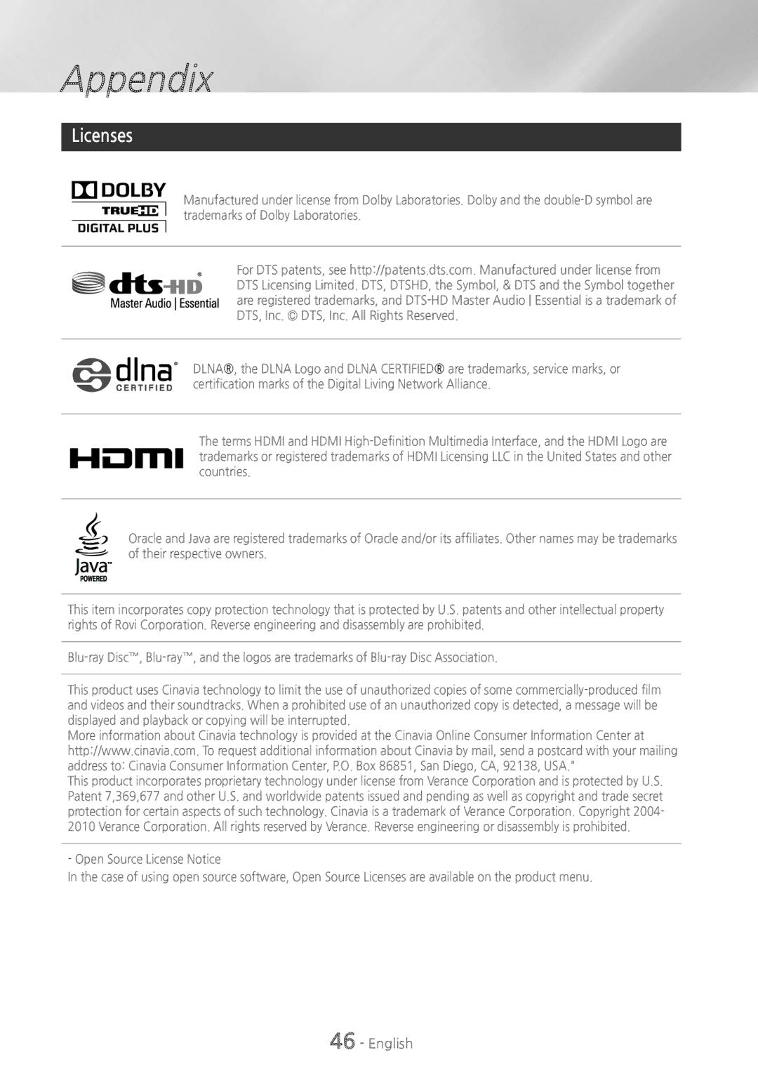 Samsung HTH5500 user manual Licenses 