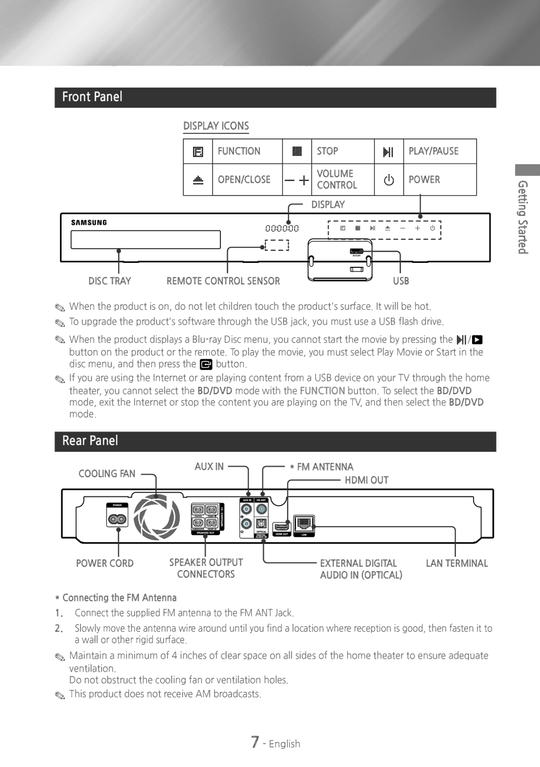 Samsung HTH5500 user manual Front Panel, Rear Panel, Connecting the FM Antenna 