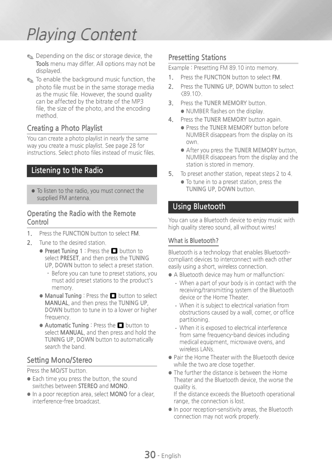 Samsung HTH5500 user manual Creating a Photo Playlist, Listening to the Radio, Setting Mono/Stereo, Presetting Stations 