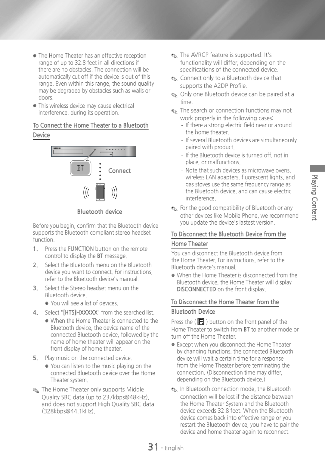 Samsung HTH5500 user manual To Disconnect the Home Theater from the, Bluetooth Device, Connect Bluetooth device 