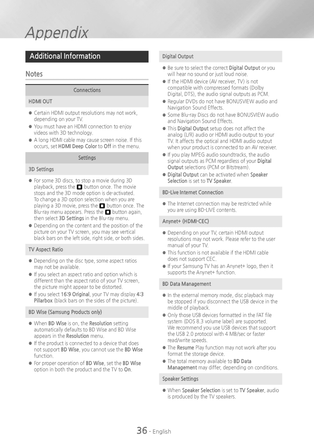 Samsung HTH5500 user manual Appendix, Additional Information, Notes 